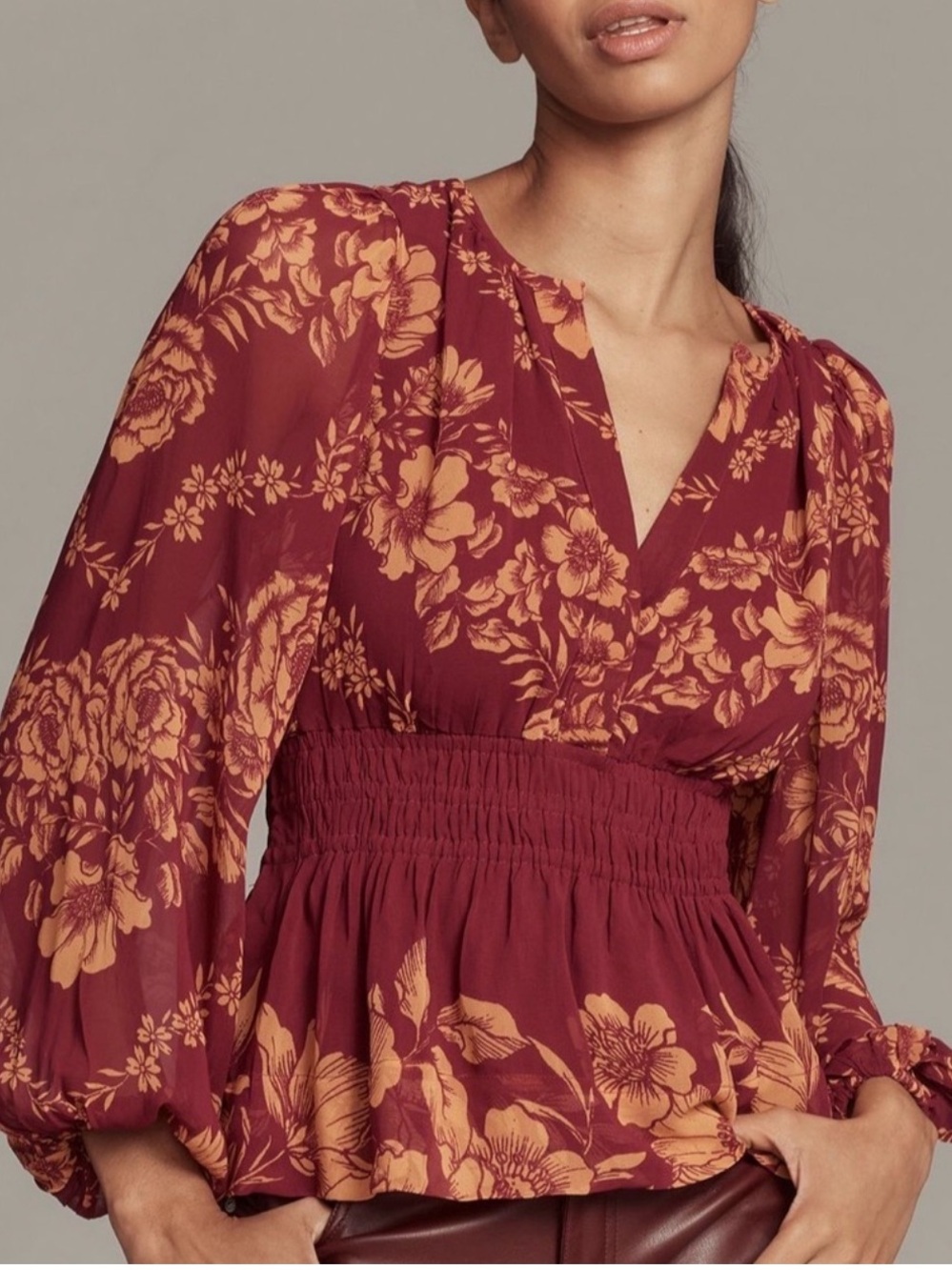 NWT Anthropologie The Somerset Long-sleeved Blouse, Wine, size M